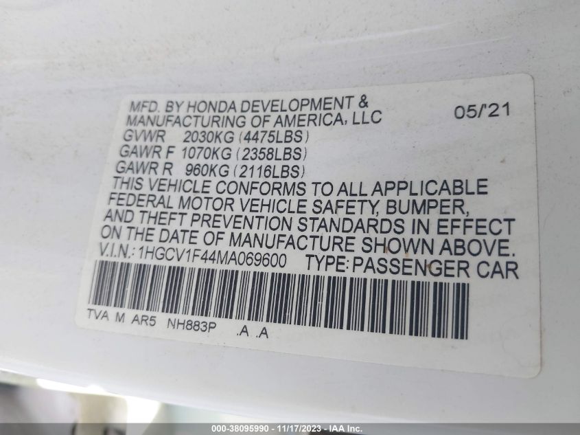 2021 HONDA ACCORD SPORT SPECIAL EDITION - 1HGCV1F44MA069600