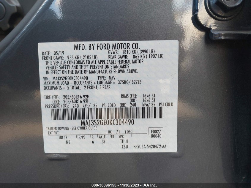 VIN MAJ3S2GE0KC304490 2019 FORD ECOSPORT SE
