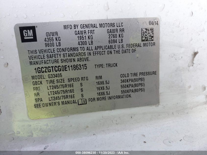 2014 CHEVROLET EXPRESS 3500 WORK VAN 1GCZGTCG0E1186315