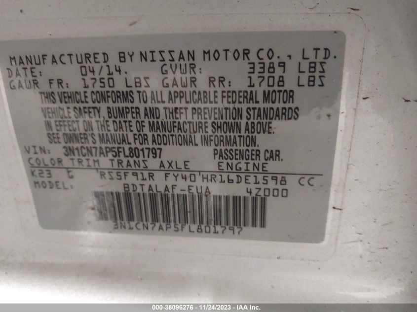 2015 NISSAN VERSA 1.6 S - 3N1CN7AP5FL801797