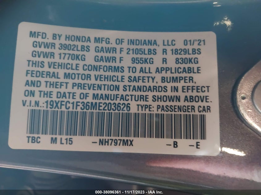VIN 19XFC1F36ME203626 2021 HONDA CIVIC EX