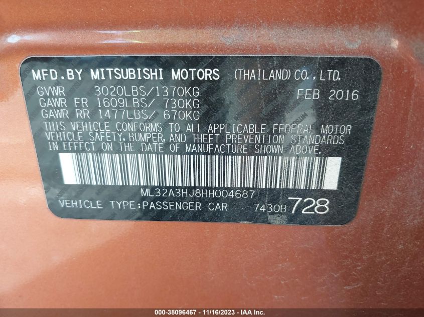 2017 MITSUBISHI MIRAGE GT - ML32ASHJ8HH004687