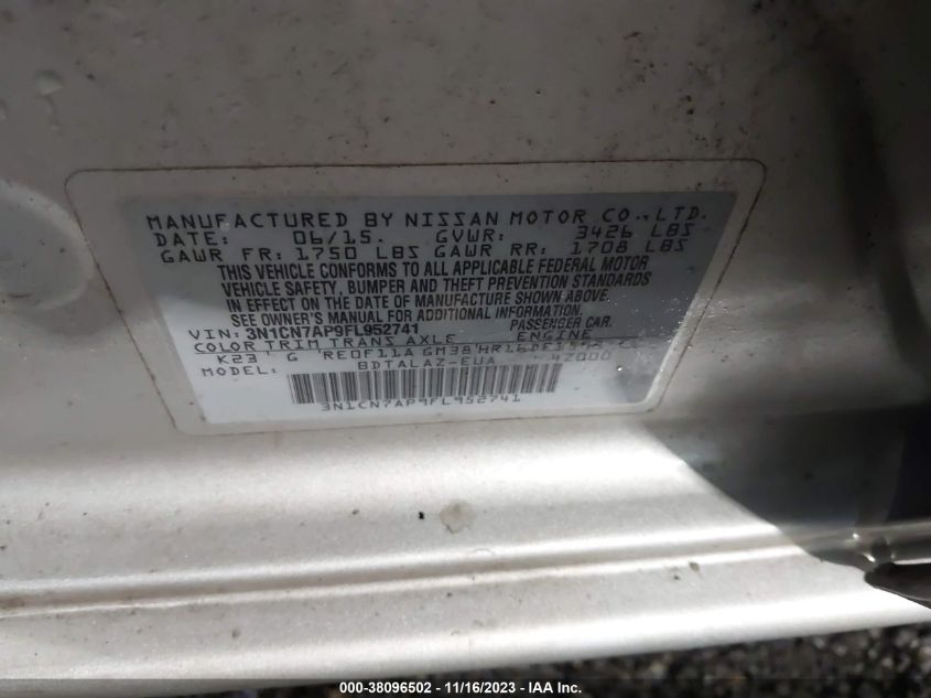 2015 NISSAN VERSA S/S PLUS/SV/SL - 3N1CN7AP9FL952741