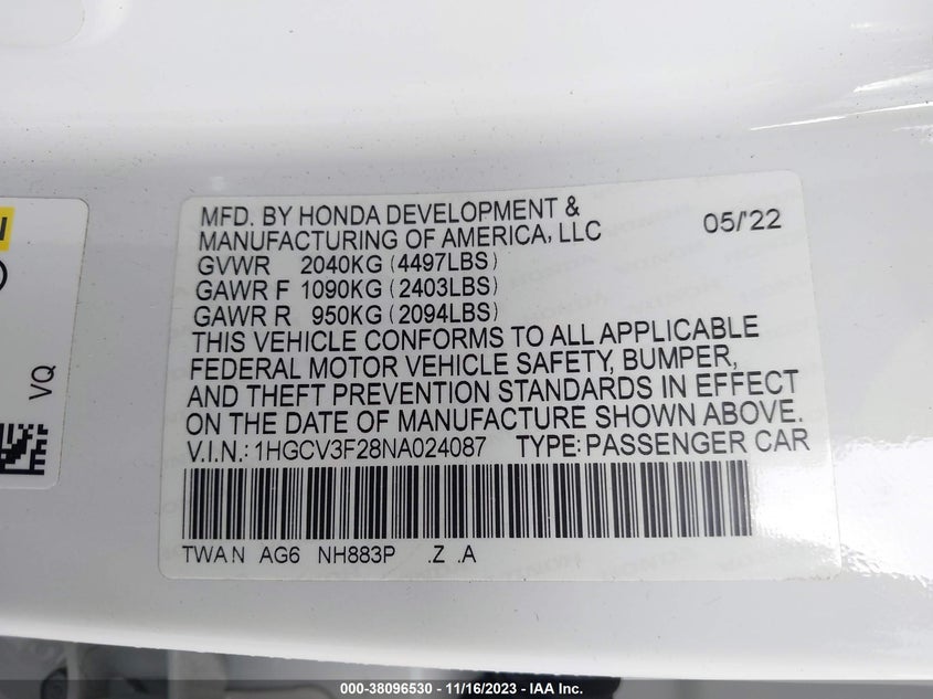 VIN 1HGCV3F28NA024087 2022 HONDA ACCORD HYBRID SPORT