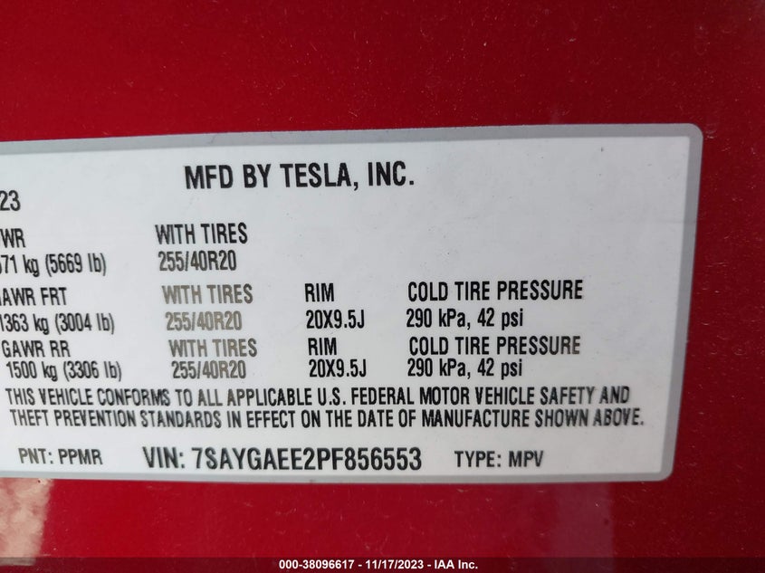 VIN 7SAYGAEE2PF856553 2023 TESLA MODEL Y