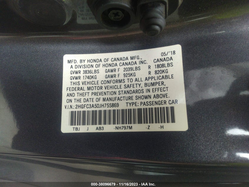 VIN 2HGFC3A50JH755869 2018 HONDA CIVIC SI