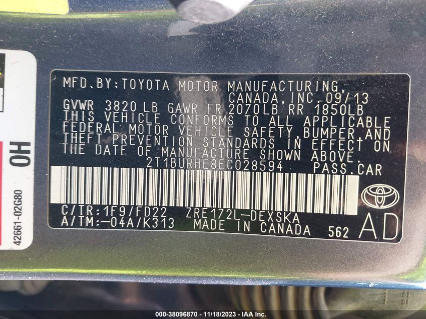 2014 TOYOTA COROLLA L/LE/S/S PLUS/LE PLUS - 2T1BURHE8EC028594