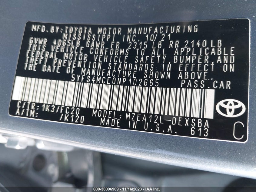 VIN 5YFS4MCE0NP102665 2022 TOYOTA COROLLA SE/NIGHT SHADE