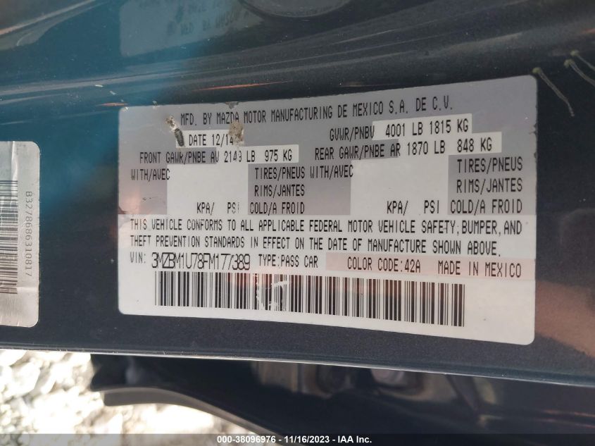 2015 MAZDA MAZDA3 - 3MZBM1U78FM177389
