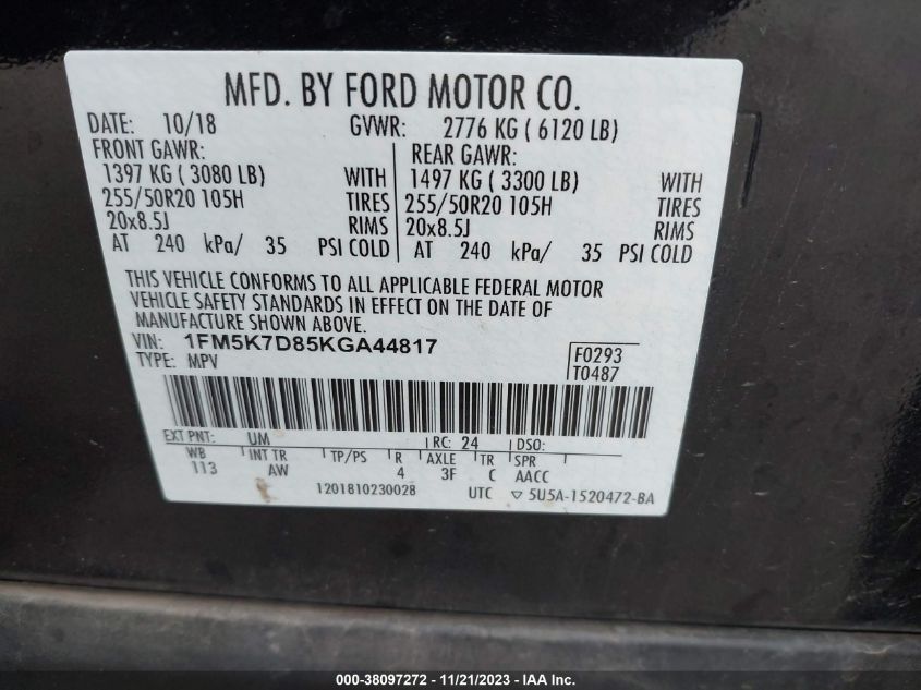 2019 FORD EXPLORER XLT - 1FM5K7D85KGA44817