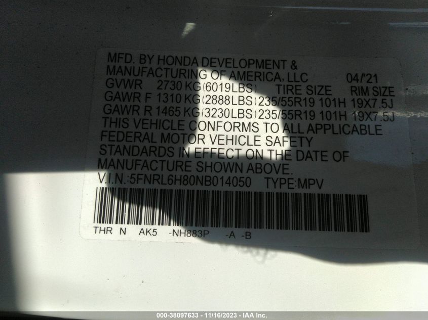 5FNRL6H80NB014050 2022 HONDA ODYSSEY, photo no. 9