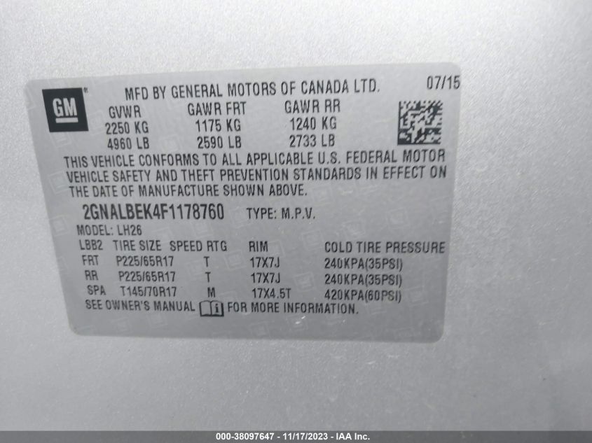 2015 CHEVROLET EQUINOX 1LT - 2GNALBEK4F1178760