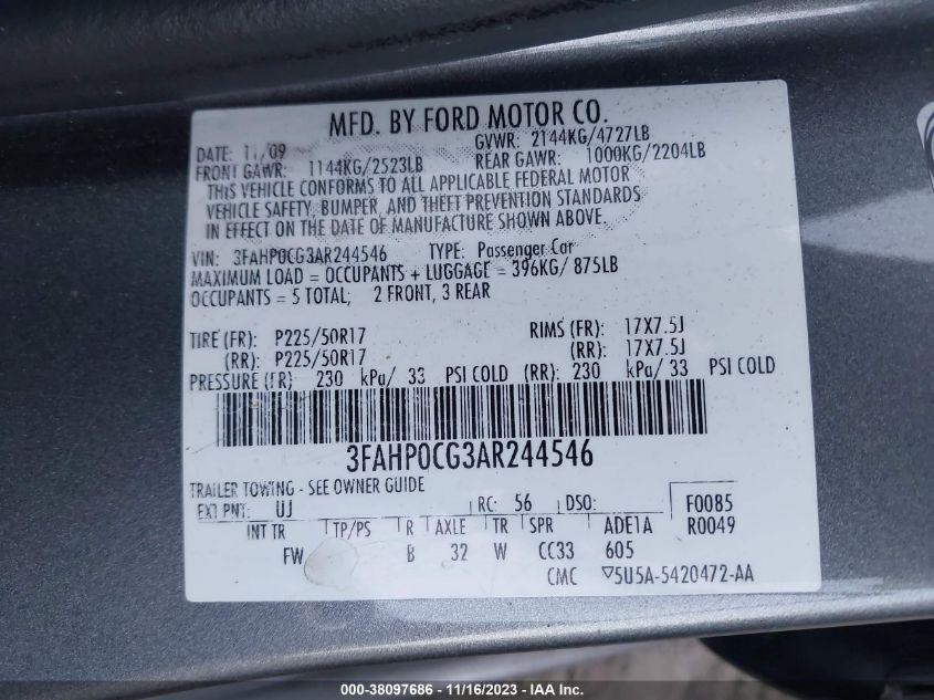 3FAHP0CG3AR244546 | 2010 FORD FUSION