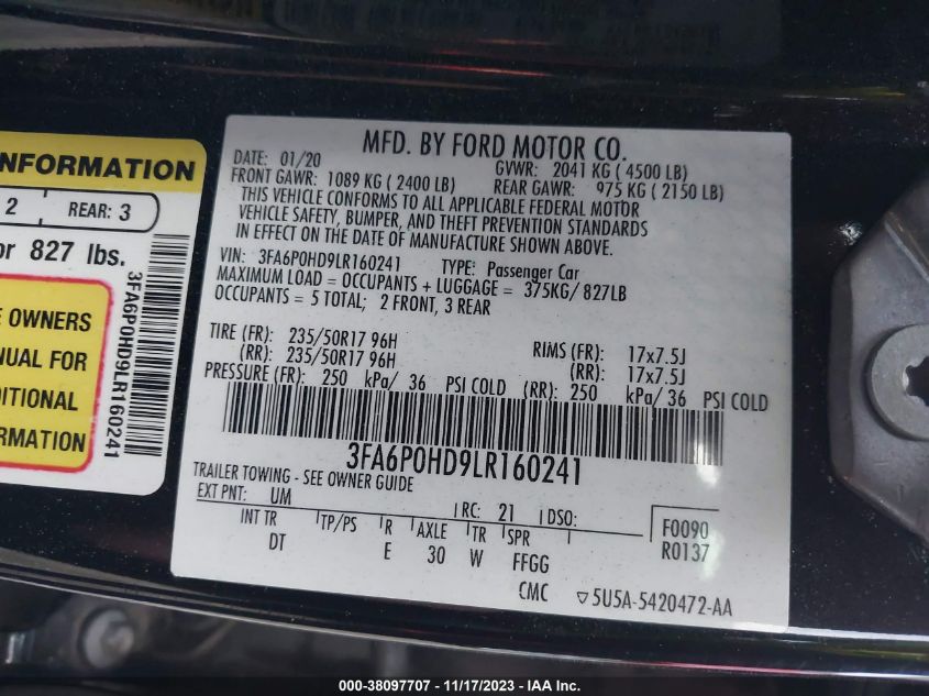 3FA6P0HD9LR160241 2020 FORD FUSION, photo no. 9