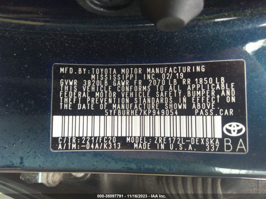 2019 TOYOTA COROLLA L/LE/XLE/SE/XSE - 5YFBURHE7KP949054