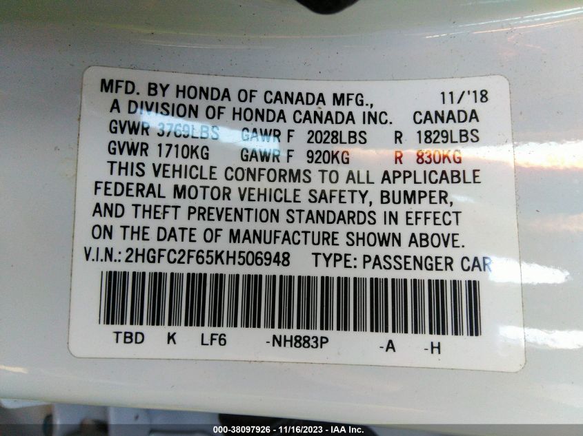 2019 HONDA CIVIC LX - 2HGFC2F65KH506948