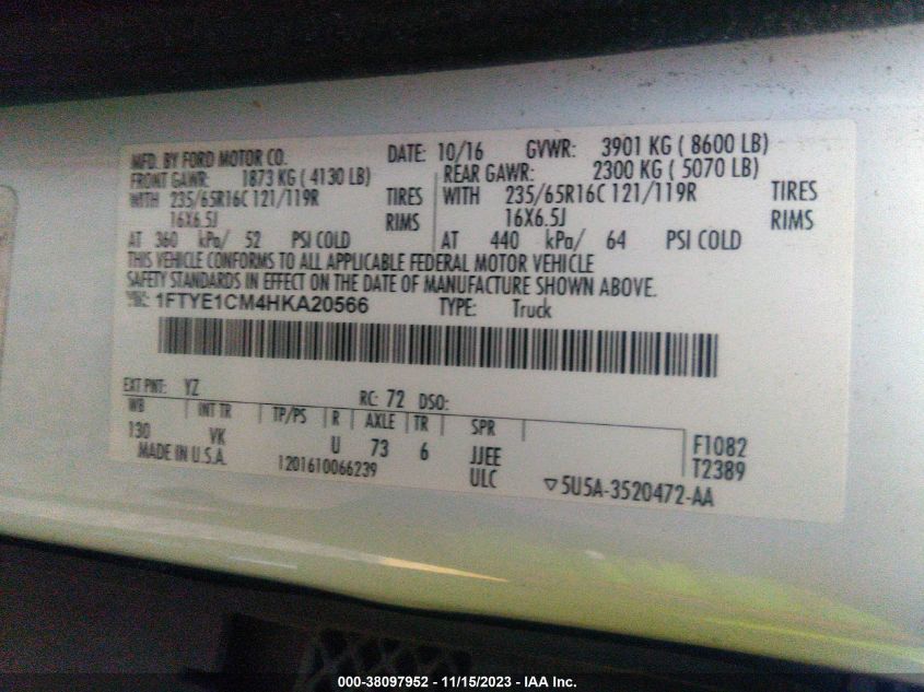 2017 FORD TRANSIT VAN 1FTYE1CM4HKA20566
