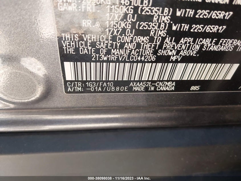 VIN 2T3W1RFV7LC044206 2020 TOYOTA RAV4 XLE/XLE PREMIUM