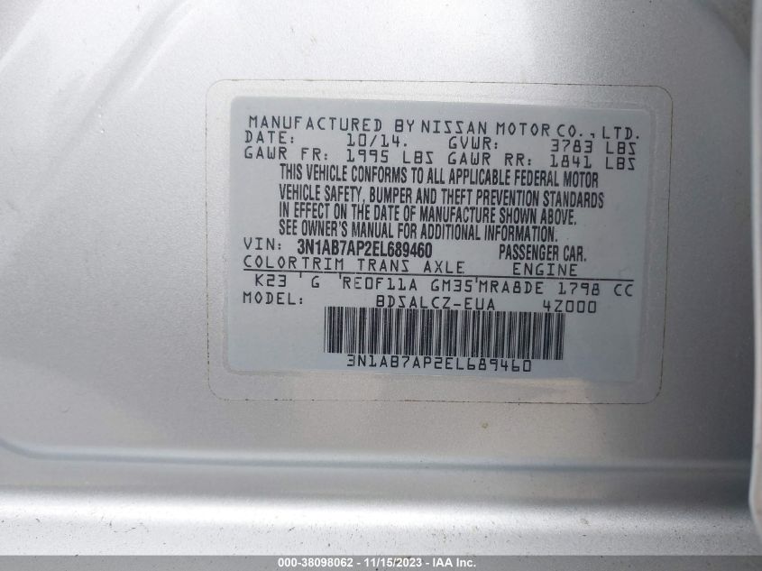 2014 NISSAN SENTRA S - 3N1AB7AP2EL689460