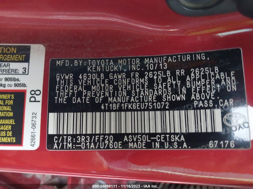 2014 TOYOTA CAMRY SE SPORT - 4T1BF1FK6EU751072