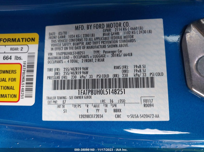 VIN 1FATP8UH0L5148251 2020 FORD MUSTANG ECOBOOST PREMIUM