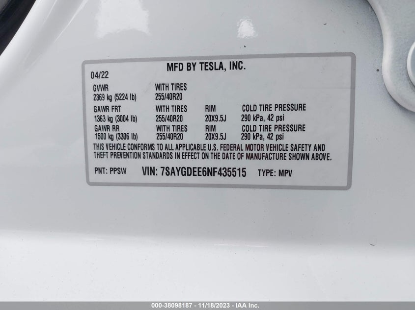 VIN 7SAYGDEE6NF435515 2022 TESLA MODEL Y