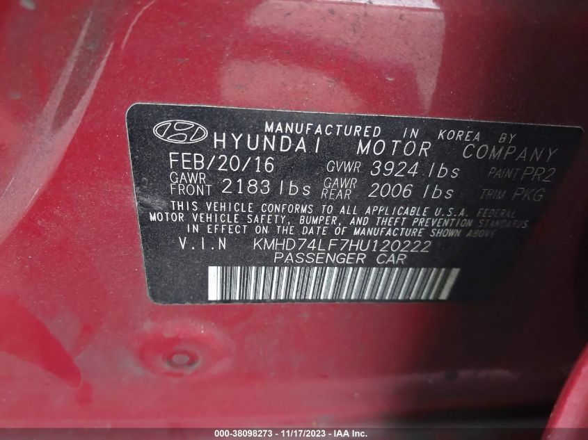 2017 HYUNDAI ELANTRA SE - KMHD74LF7HU120222