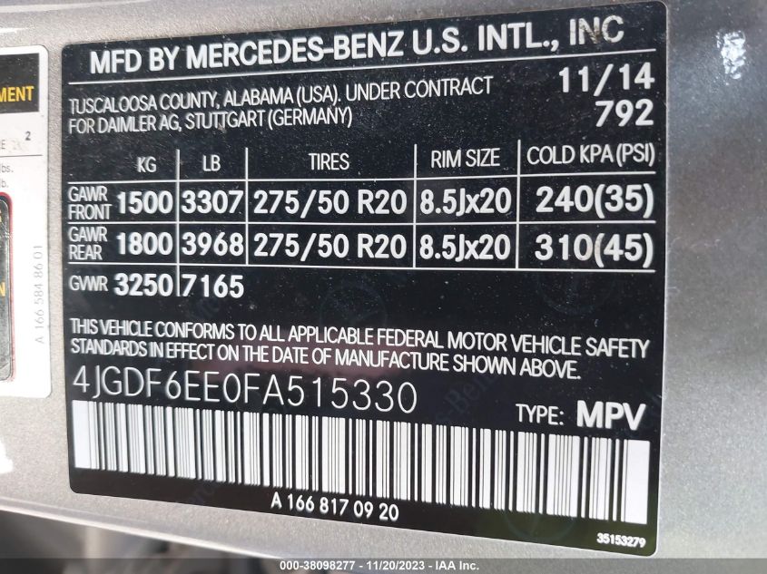 2015 MERCEDES-BENZ GL-CLASS GL 450 4JGDF6EE0FA515330