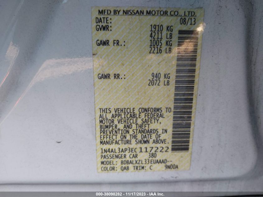 2014 NISSAN ALTIMA 2.5/S/SV/SL - 1N4AL3AP3EC117222