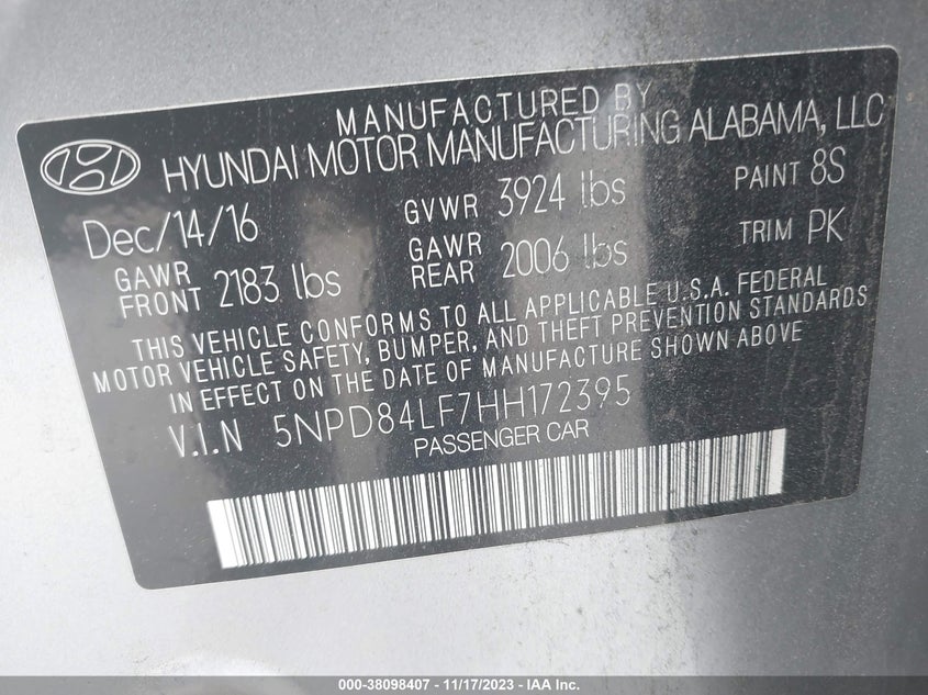 VIN 5NPD84LF7HH172395 2017 HYUNDAI ELANTRA SE/VALUE/LIMITED
