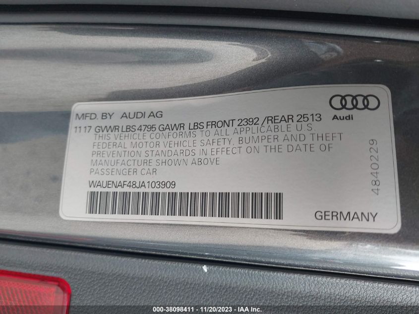 WAUENAF48JA103909 2018 AUDI A4, photo no. 9