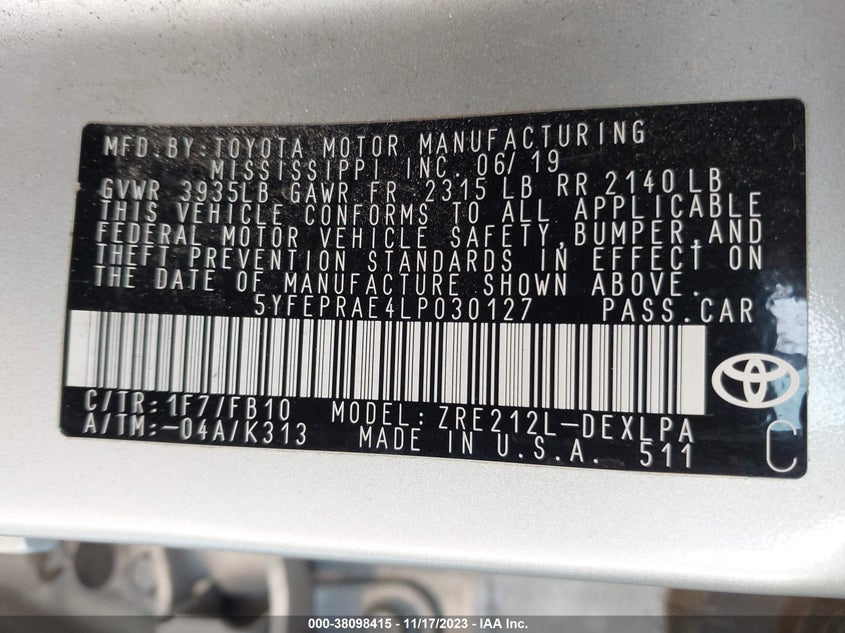 VIN 5YFEPRAE4LP030127 2020 TOYOTA COROLLA LE