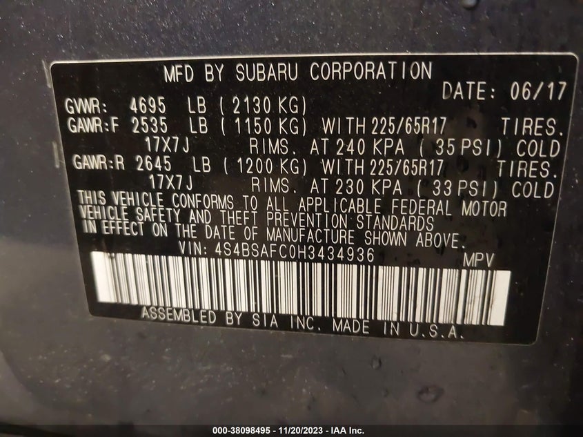 VIN 4S4BSAFC0H3434936 2017 SUBARU OUTBACK 2.5I PREMIUM