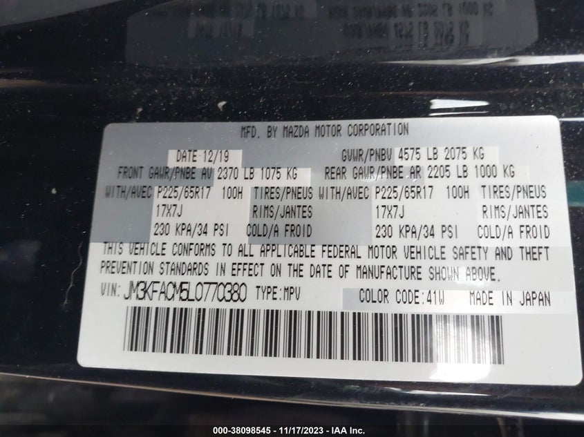 VIN JM3KFACM5L0770380 2020 MAZDA CX-5 TOURING