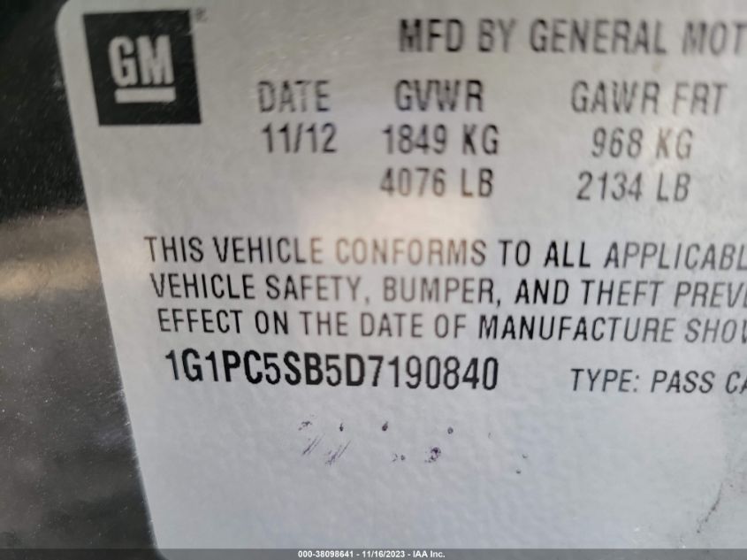 2013 CHEVROLET CRUZE LT - 1G1PC5SB5D7190840