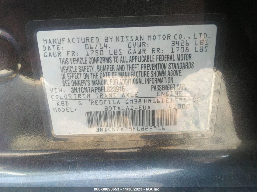2015 NISSAN VERSA 1.6 S+ - 3N1CN7AP9FL823916