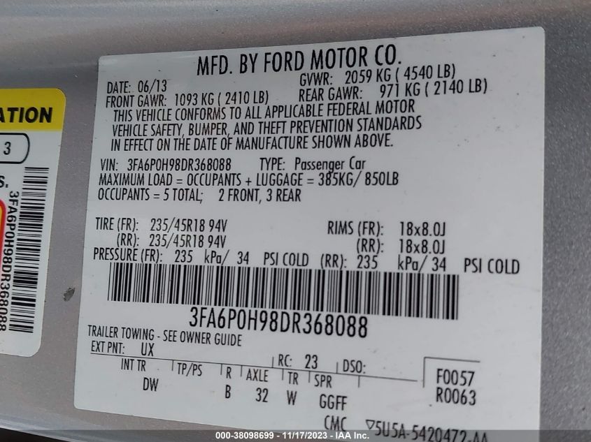 2013 FORD FUSION SE - 3FA6P0H98DR368088