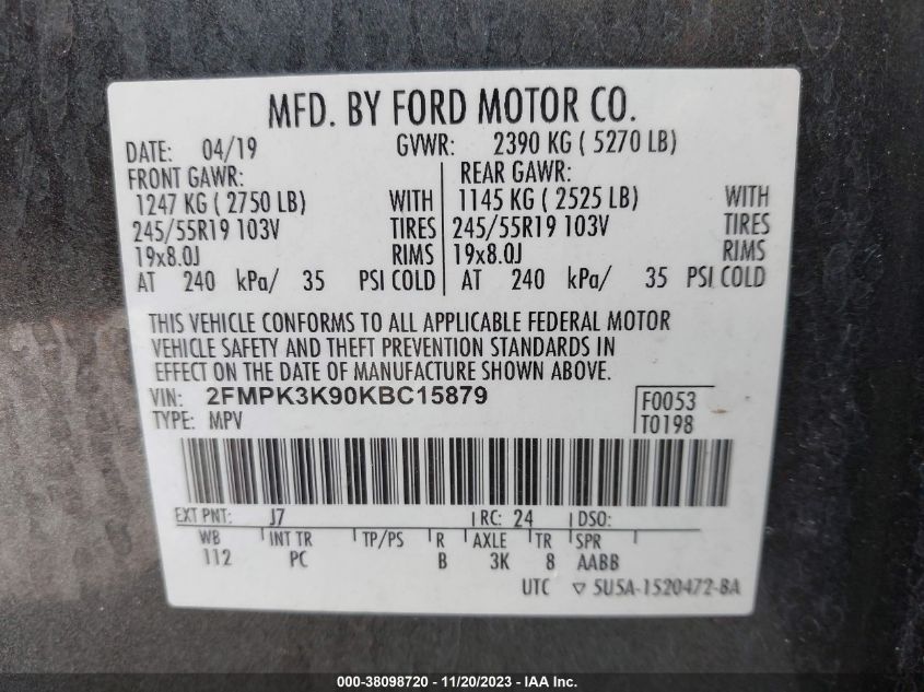 2019 FORD EDGE TITANIUM - 2FMPK3K90KBC15879
