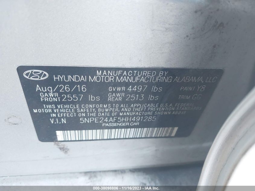 2017 HYUNDAI SONATA 2.4L - 5NPE24AF5HH491285