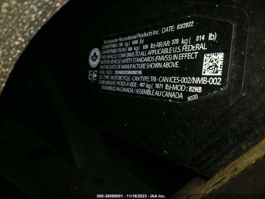 2022 CAN-AM SPYDER ROADSTER RT/RT LIMITED 2BXNBDD29NB000196