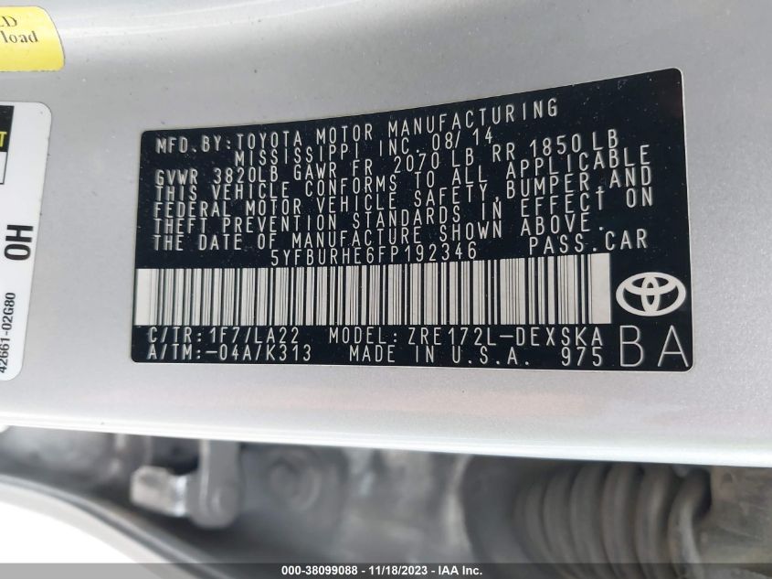 2015 TOYOTA COROLLA L/LE/LE PLS/PRM/S/S PLS - 5YFBURHE6FP192346