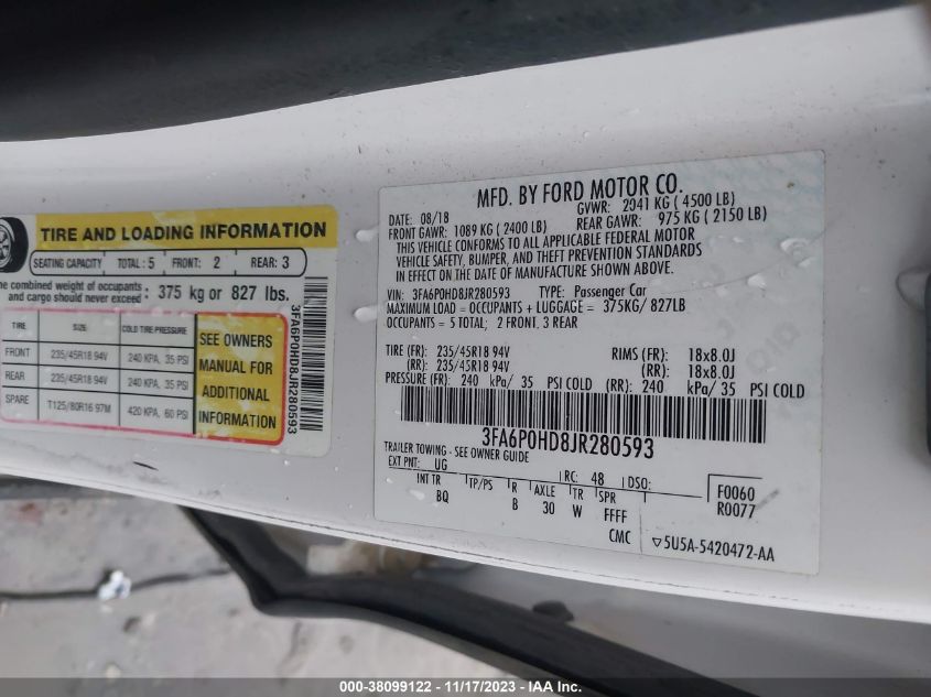 2018 FORD FUSION SE - 3FA6P0HD8JR280593