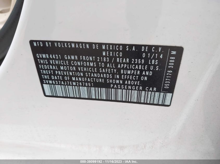 2014 VOLKSWAGEN JETTA HYBRID SE 3VW637AJ7EM267851