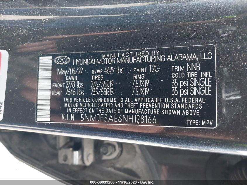 VIN 5NMJF3AE6NH128166 2022 HYUNDAI TUCSON SEL