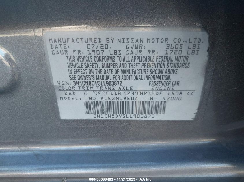 2020 NISSAN VERSA S XTRONIC CVT - 3N1CN8DV5LL903872