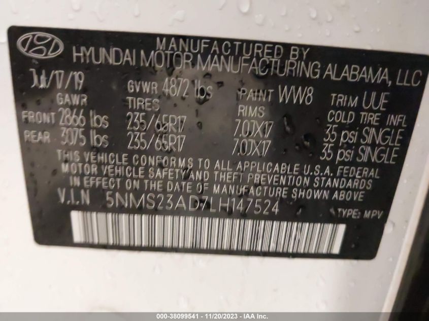 2020 HYUNDAI SANTA FE SE - 5NMS23AD7LH147524