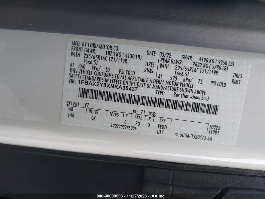 2022 FORD TRANSIT-350 PASSENGER VAN XLT - 1FBAX2Y8XNKA38437