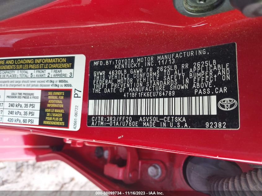 2014 TOYOTA CAMRY SE - 4T1BF1FK6EU764789
