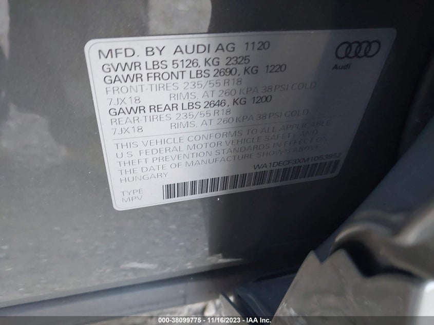 VIN WA1DECF3XM1053952 2021 AUDI Q3 PREMIUM S LINE 45