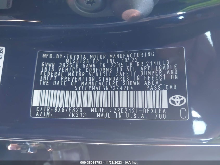 VIN 5YFEPMAE5NP374264 2022 TOYOTA COROLLA LE